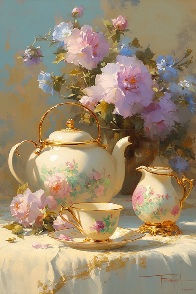 oil painting of a delicate china teapot and cups with floral pattern --ar 2:3 --niji 6