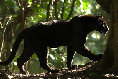 a panther marches through the woods, wide shot --ar 3:2 --niji 6 --style raw