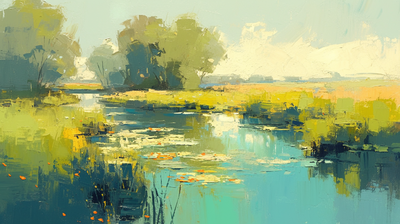 abstract oil painting of a serene pond in a spring meadow --ar 16:9 --niji 6