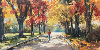 oil painting of a girl walking down a sidewalk lined by trees in the fall --ar 2:1 --v 6.0