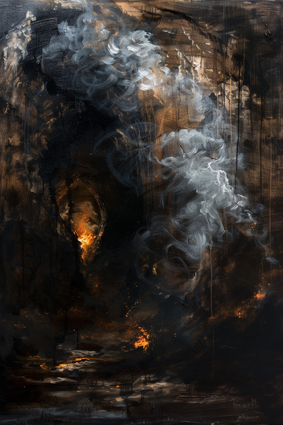 oil painting of a dark cave at nighttime, smoke --ar 2:3 --v 6.0