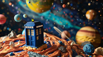 A TARDIS in the middle of space, claymation play doh style --ar 16:9 --v 6.0