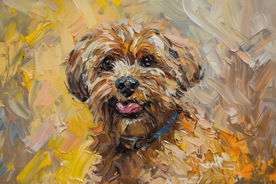 a cute dog panting, brown fur, palette knife oil painting --ar 3:2