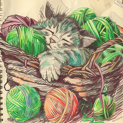 a cute cat lays in a basket surrounded by bundles of yarn, rough pencil sketch --p v4gkyac --style raw