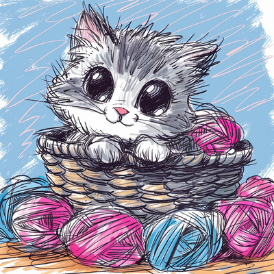 a cute cat lays in a basket surrounded by bundles of yarn, rough pencil sketch --style raw --p v4gkyac --stylize 1000