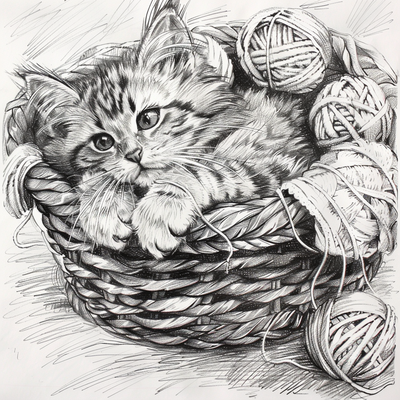 a cute cat lays in a basket surrounded by bundles of yarn, rough pencil sketch --p v4gkyac