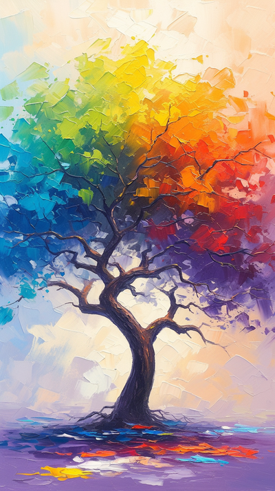 palette knife oil painting of a rainbow-colored tree --ar 9:16 --niji 6