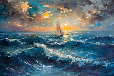 a boat sails across the sea, oil painting --ar 3:2 --v 6.0