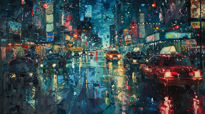 palette knife oil painting of a busy city at nighttime, abstract --ar 16:9 --v 6.0