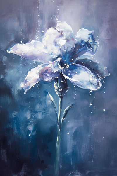 abstract oil painting of a single lilac with dewdrops on petals --style raw --ar 2:3 --niji 6