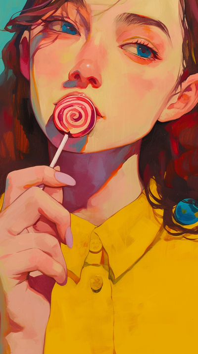 acrylic painting of a woman holding a big lollipop in front of her mouth --ar 9:16 --niji 6