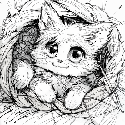 a cute cat lays in a basket surrounded by bundles of yarn, rough pencil sketch --p v4gkyac --stylize 1000