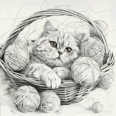 a cute cat lays in a basket surrounded by bundles of yarn, rough pencil sketch